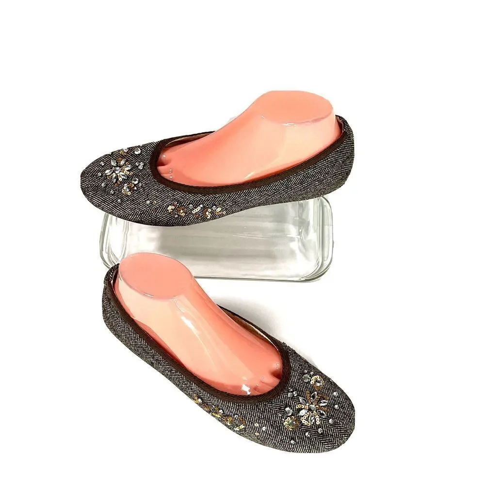 Talbots Brown Tweed Ballet Flats Shoes Size 9 B US Rhinestones‎ Sequins